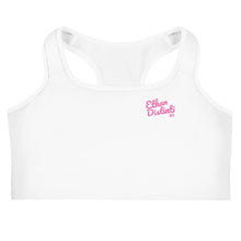 Load image into Gallery viewer, Art 102A - White - Pink Text - White Piping - Sports bra
