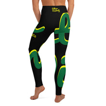 Load image into Gallery viewer, E.D.A Revision - Black - Wrap Around With Black Stitching, Yellow Text, Forest Green/Yellow Design - Yoga Leggings
