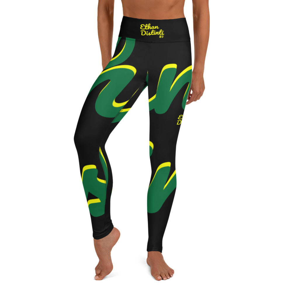 E.D.A Revision - Black - Wrap Around With Black Stitching, Yellow Text, Forest Green/Yellow Design - Yoga Leggings