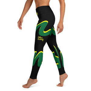 E.D.A Revision - Black - Wrap Around With Black Stitching, Yellow Text, Forest Green/Yellow Design - Yoga Leggings