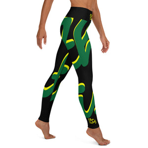 E.D.A Revision - Black - Wrap Around With Black Stitching, Yellow Text, Forest Green/Yellow Design - Yoga Leggings