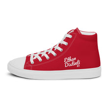 Load image into Gallery viewer, EDM - Red - White Text - Men’s High Top Canvas Sneakers
