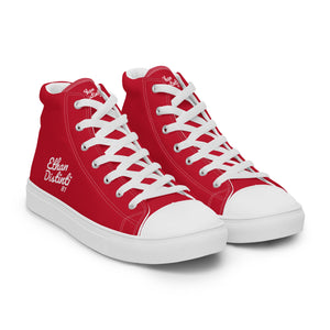 EDM - Red - White Text - Men’s High Top Canvas Sneakers