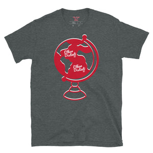 Ethan Globe - Dark Heather - Red / White Globe - White Text - Short-Sleeve Unisex T-Shirt