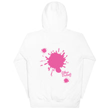 Load image into Gallery viewer, E.D.A Signature - White - Pink Paint Splash - Pink Text - Unisex Hoodie *This Hoodie &quot;RUN SMALL&quot;
