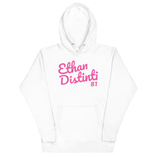 Load image into Gallery viewer, *E.D.A Signature - BIG PRINT - White With Pink Text - Unisex Hoodie **NOTE This Hoodie &quot;RUN SMALL&quot; Please Order A Size Bigger Than Your Normal Size.
