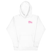 Load image into Gallery viewer, E.D.A Signature - White - Pink Paint Splash - Pink Text - Unisex Hoodie *This Hoodie &quot;RUN SMALL&quot;
