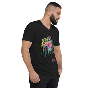 Pink Flower - Pink Text With Flower Design - Flower Coll #1 - Unisex Short Sleeve V-Neck T-Shirt