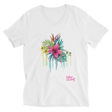 Load image into Gallery viewer, Pink Flower - Pink Text With Flower Design - Flower Coll #1 - Unisex Short Sleeve V-Neck T-Shirt
