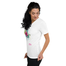 Load image into Gallery viewer, Pink Flower - Pink Text With Flower Design - Flower Coll #1 - Unisex Short Sleeve V-Neck T-Shirt
