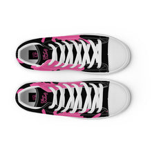 Load image into Gallery viewer, Paint Splash - Black - Black/Pink Text, With Pink Paint Splash Design - Women’s High Top Canvas Sneakers
