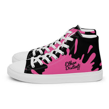 Load image into Gallery viewer, Paint Splash - Black - Black/Pink Text, With Pink Paint Splash Design - Women’s High Top Canvas Sneakers
