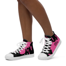 Load image into Gallery viewer, Paint Splash - Black - Black/Pink Text, With Pink Paint Splash Design - Women’s High Top Canvas Sneakers
