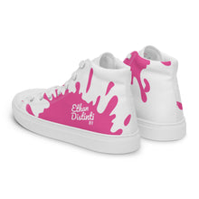 Load image into Gallery viewer, Paint Splash - White - With White/Pink Text, Pink Paint Splash Design - Women’s High Top Canvas Sneakers
