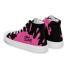 Load image into Gallery viewer, Paint Splash - Black - Black/Pink Text, With Pink Paint Splash Design - Women’s High Top Canvas Sneakers
