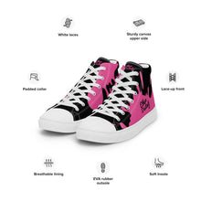 Load image into Gallery viewer, Paint Splash - Black - Black/Pink Text, With Pink Paint Splash Design - Women’s High Top Canvas Sneakers
