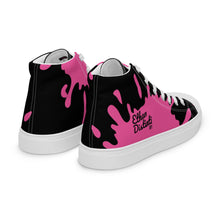 Load image into Gallery viewer, Paint Splash - Black - Black/Pink Text, With Pink Paint Splash Design - Women’s High Top Canvas Sneakers
