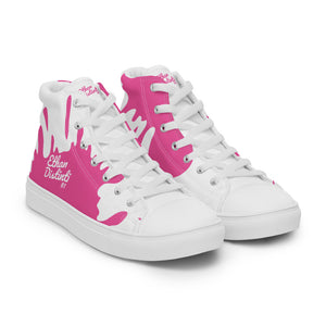 Paint Splash - White - With White/Pink Text, Pink Paint Splash Design - Women’s High Top Canvas Sneakers