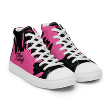 Load image into Gallery viewer, Paint Splash - Black - Black/Pink Text, With Pink Paint Splash Design - Women’s High Top Canvas Sneakers
